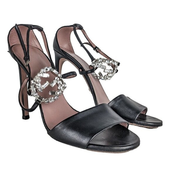 Gucci Crystal GG Black Leather Strappy Sandal Heels US 10 / EU 40 - Picture 1 of 7